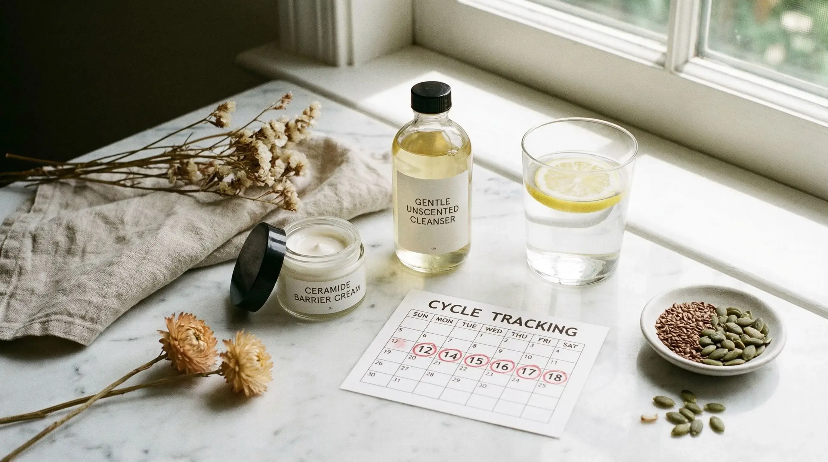 Skincare products and calendar representing cyclical hormonal skin care routine during menstrual cycle