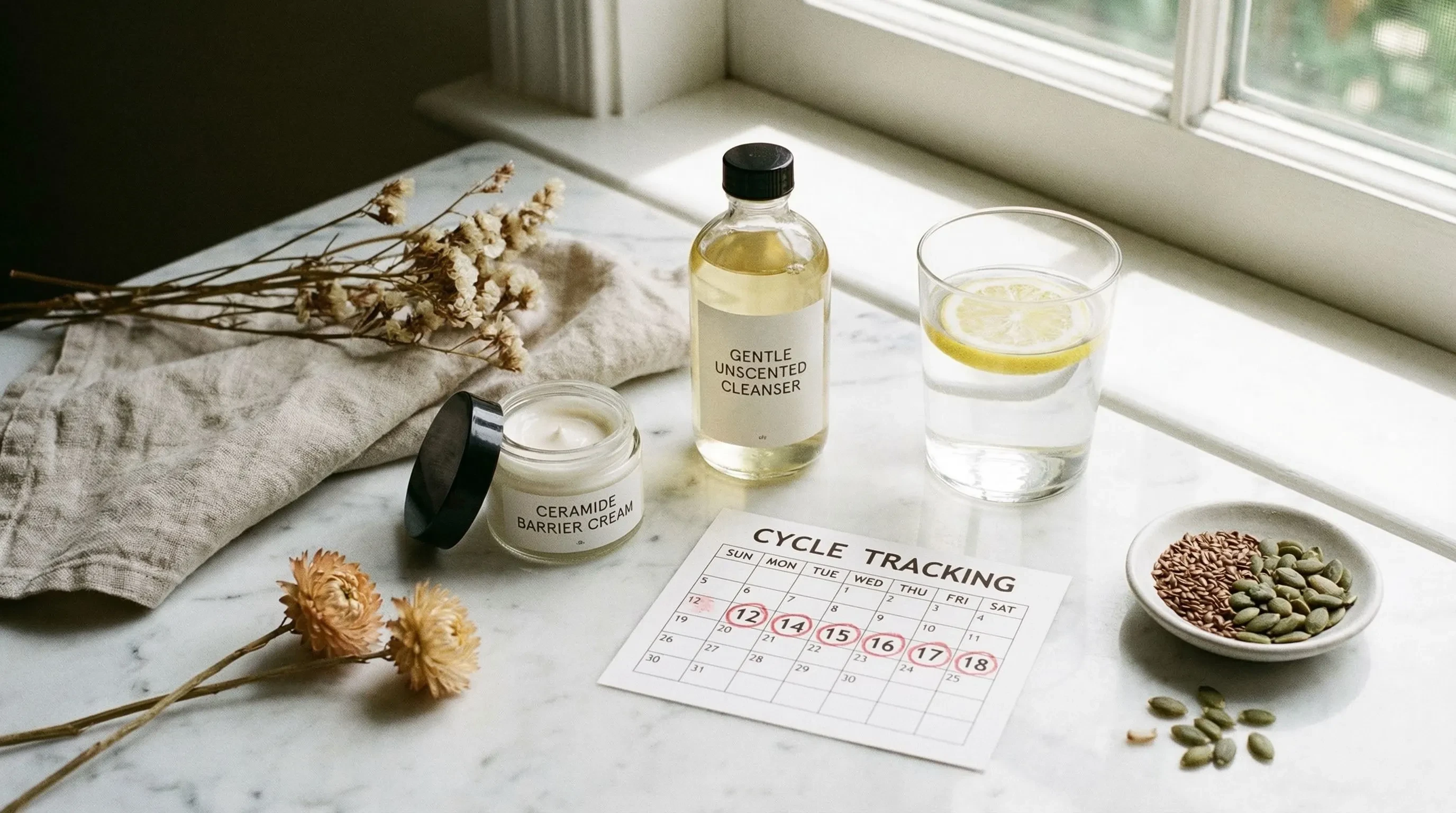 Skincare products and calendar representing cyclical hormonal skin care routine during menstrual cycle