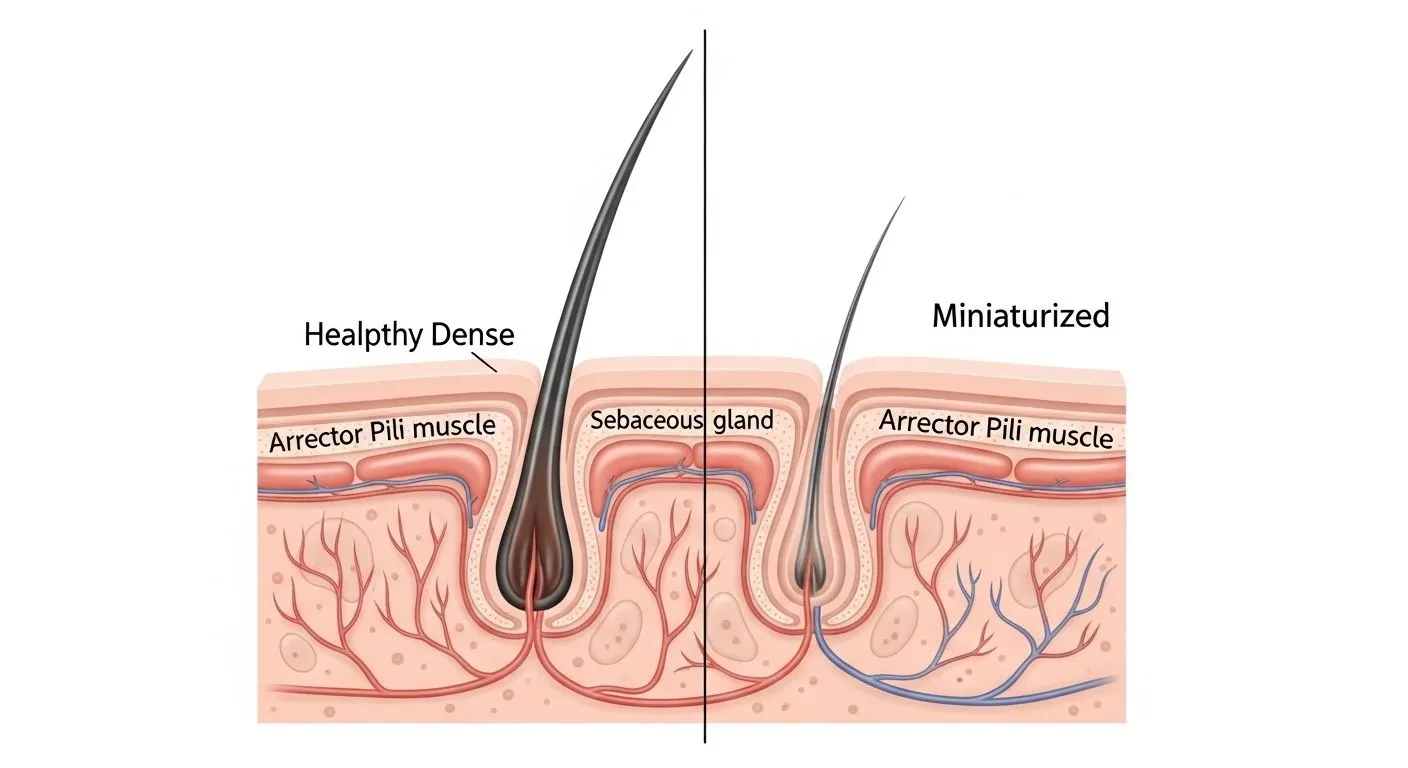 Illustration comparing a healthy hair follicle with a DHT-miniaturised follicle during menopause