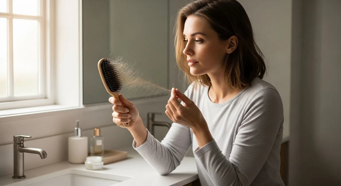 Woman examining hair shedding on a hairbrush during perimenopause