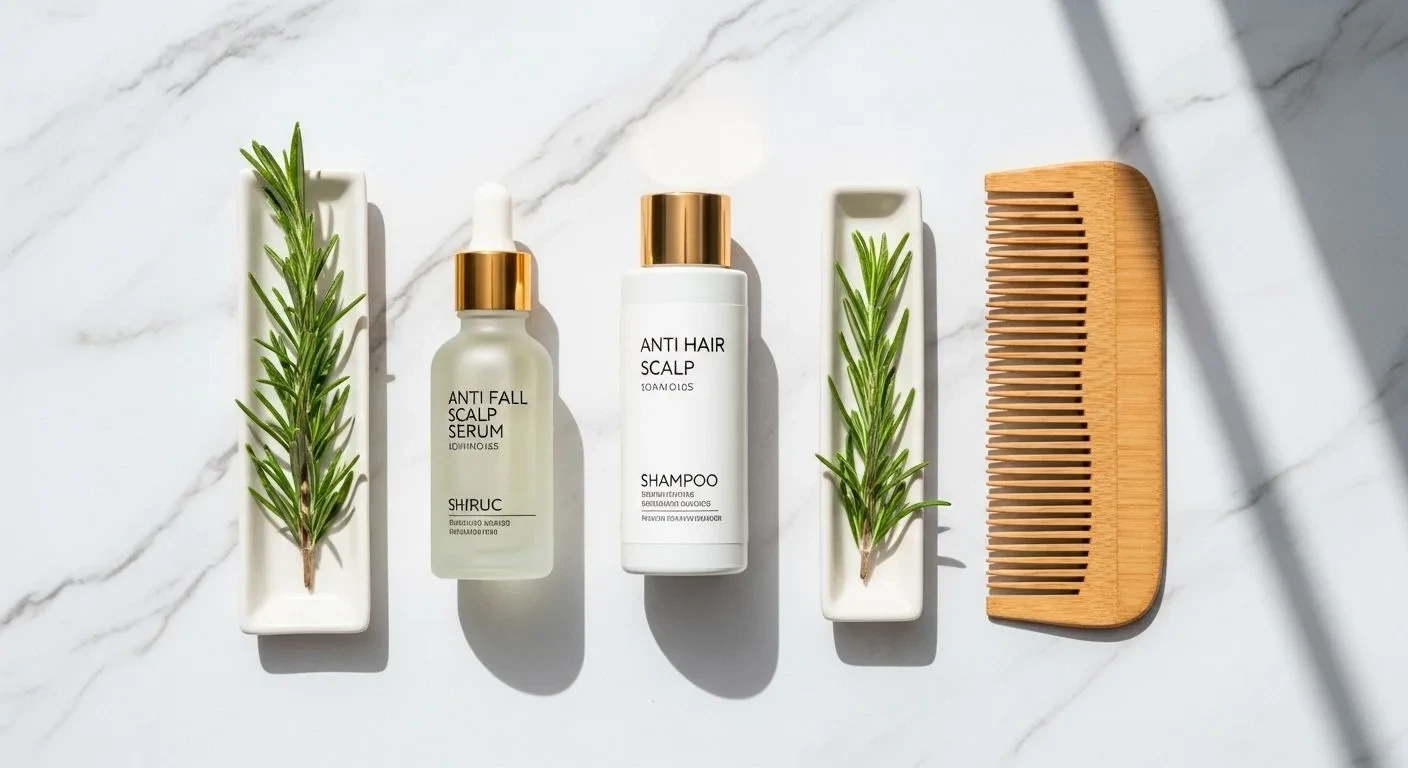 Anti hair fall scalp care products including serum and gentle shampoo for menopausal hair shedding