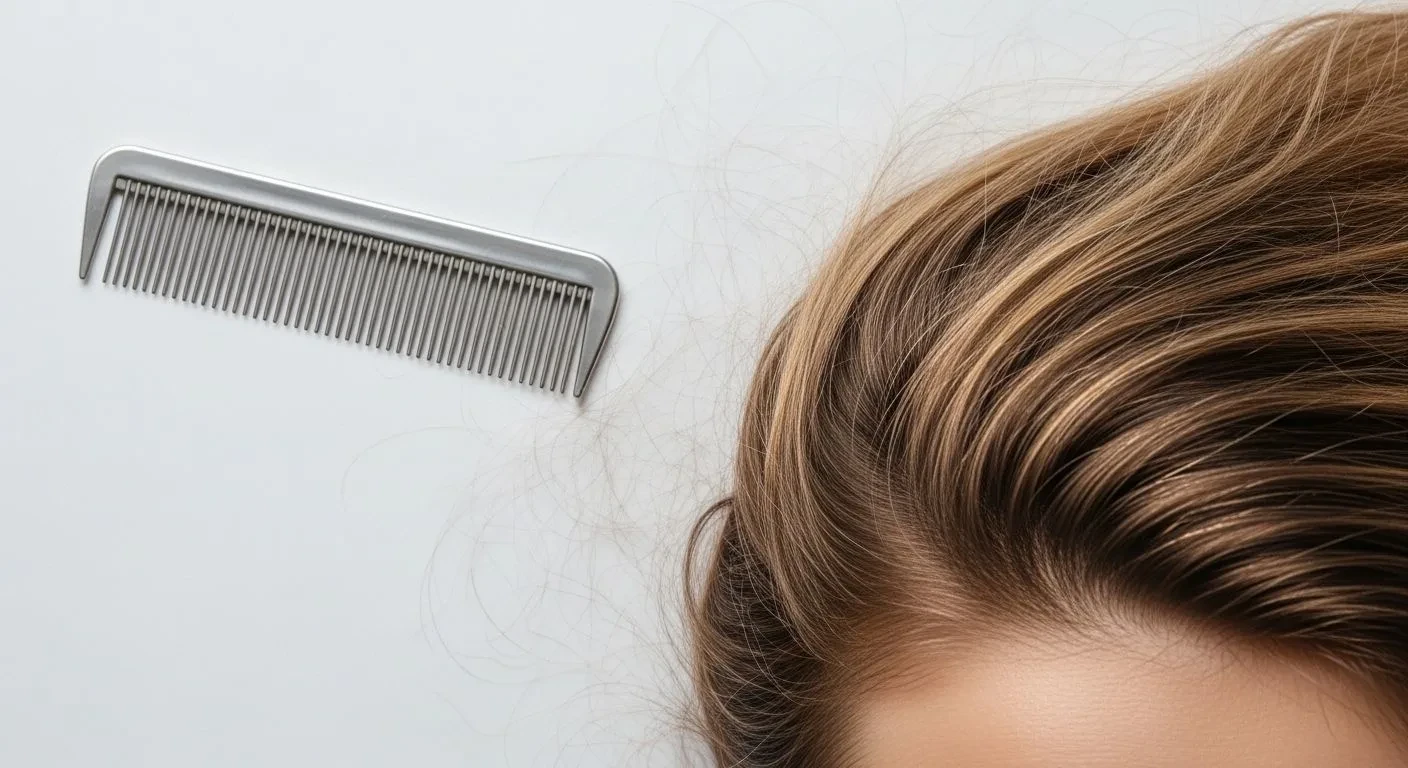 Hair shedding at the temples shown from above in an editorial flat-lay with a comb