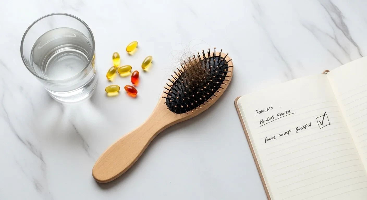 Hairbrush showing shed hair next to vitamins and water, representing investigating hair loss causes in young adults