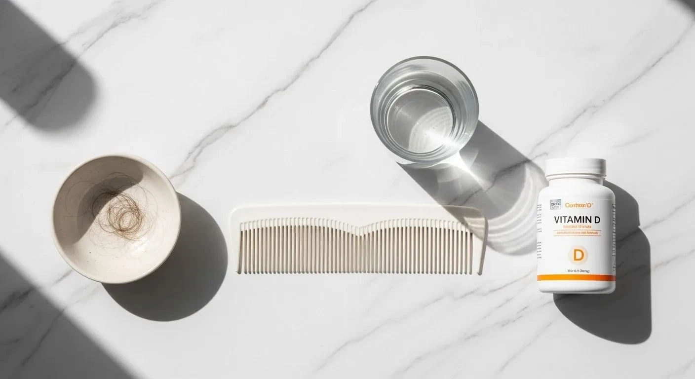 Hair care and supplement items laid out neatly, representing the daily habits that support hair health during menopause.