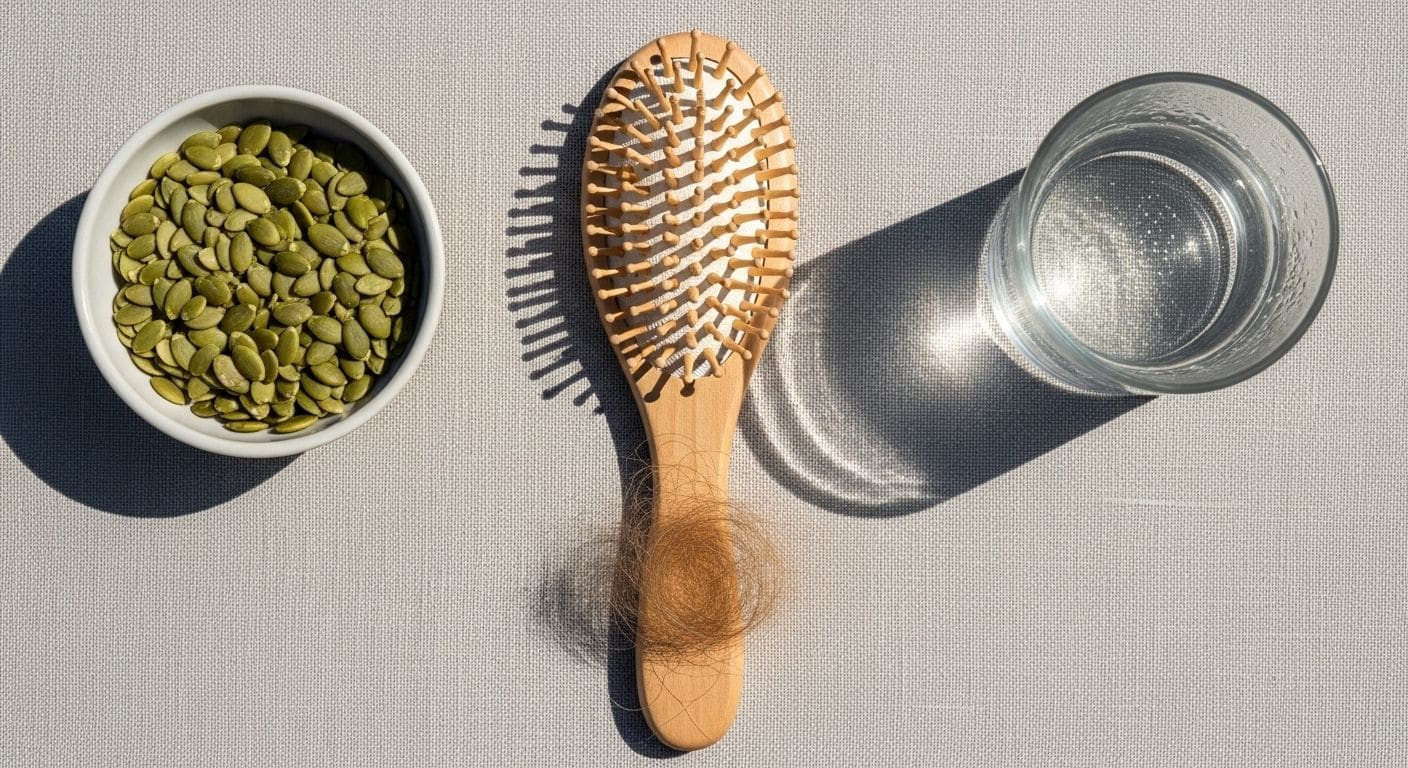 Hairbrush with shed hairs beside nutritional support for hair shedding