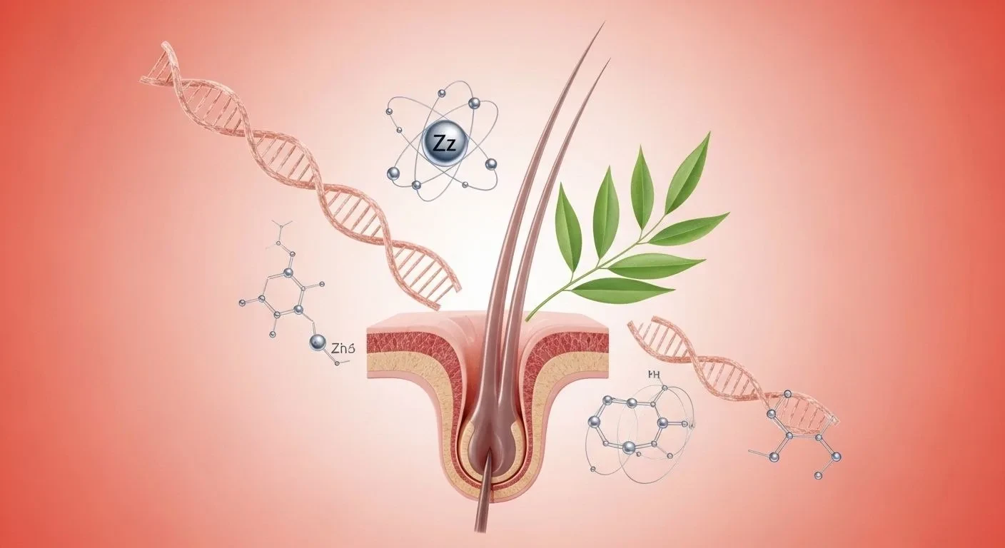 Cross-section diagram of a hair follicle with supplement molecules representing nutrients that support hair growth during menopause