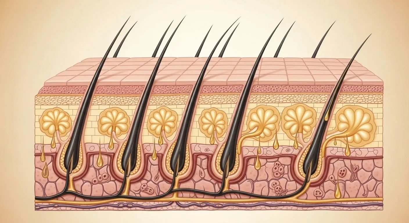 Sebaceous glands producing excess oil on the scalp during perimenopause