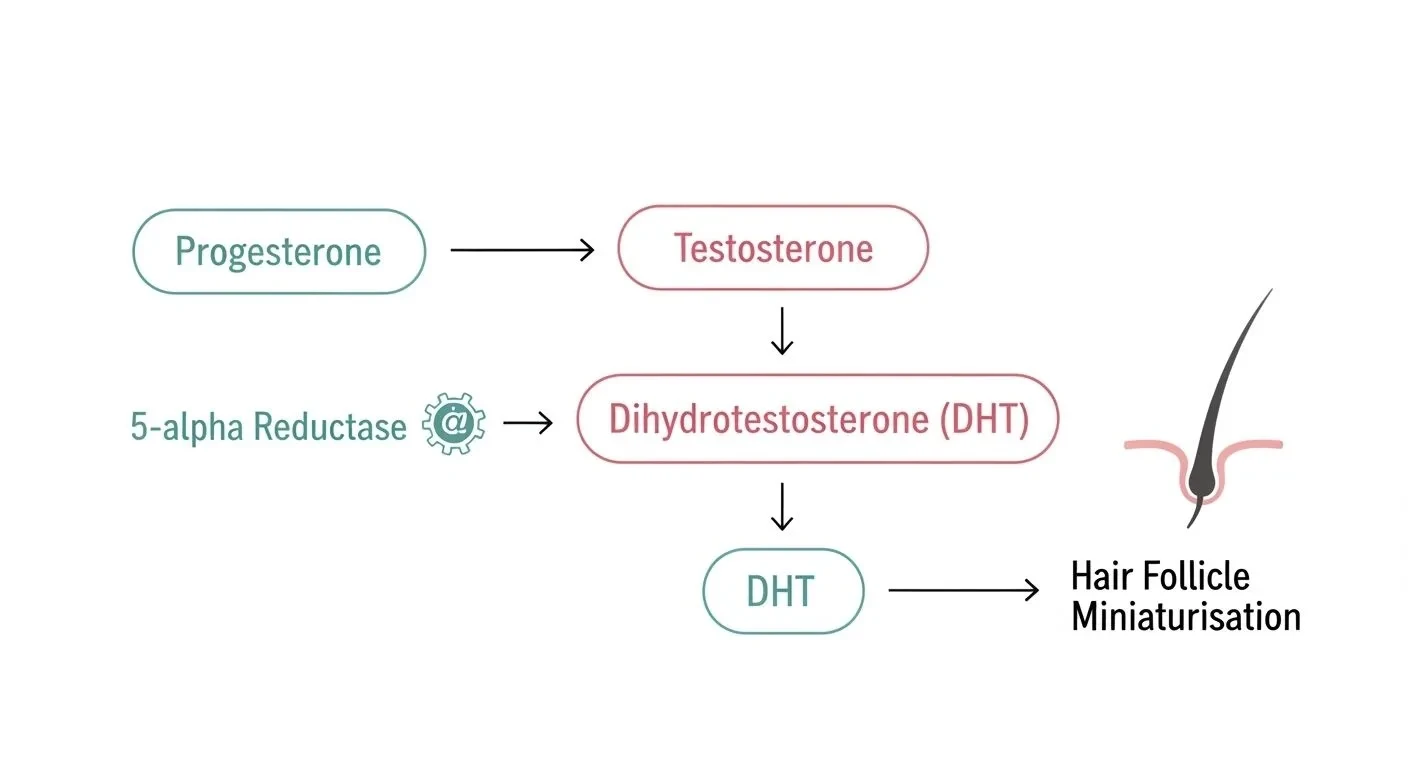 Diagram showing how low progesterone leads to increased DHT activity and hair follicle miniaturisation in women
