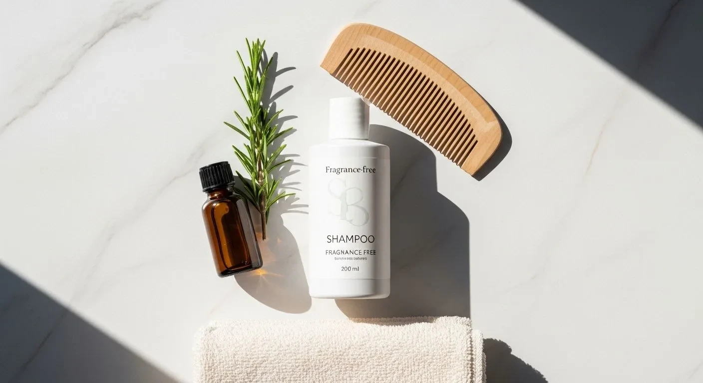 Safe hair care products for pregnant women including gentle shampoo, rosemary oil and a wide-tooth comb
