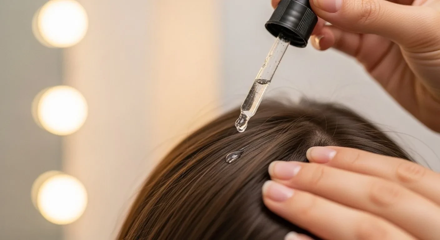 Woman applying dermatologist recommended hair growth serum to scalp