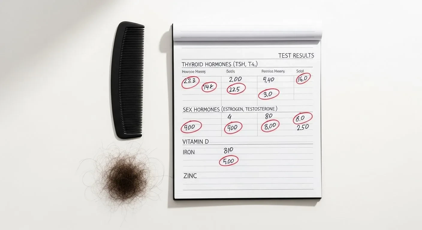 Hair shedding next to a notepad with hormone test results