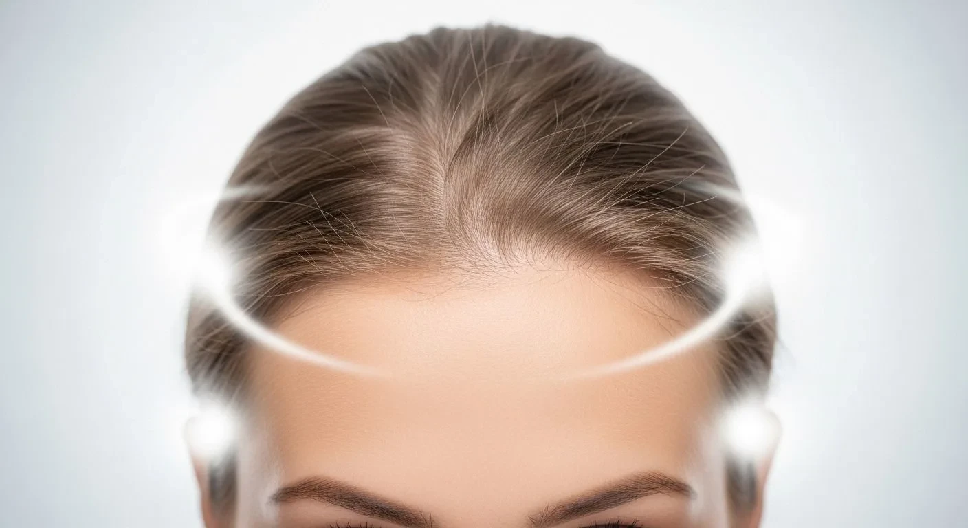 Close-up of thinning hair at the crown in a menopausal woman