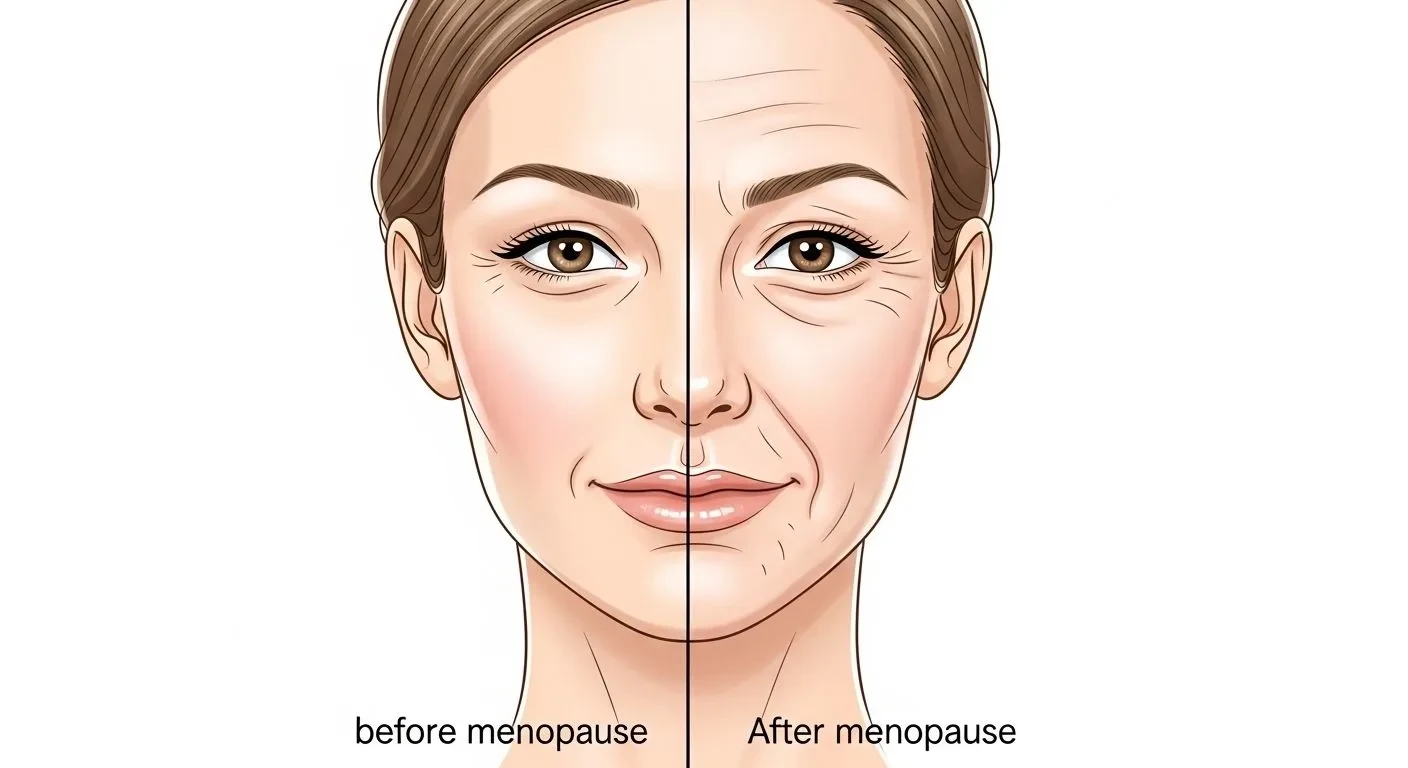 Side-by-side comparison of face skin before and after menopause showing dryness and collagen loss