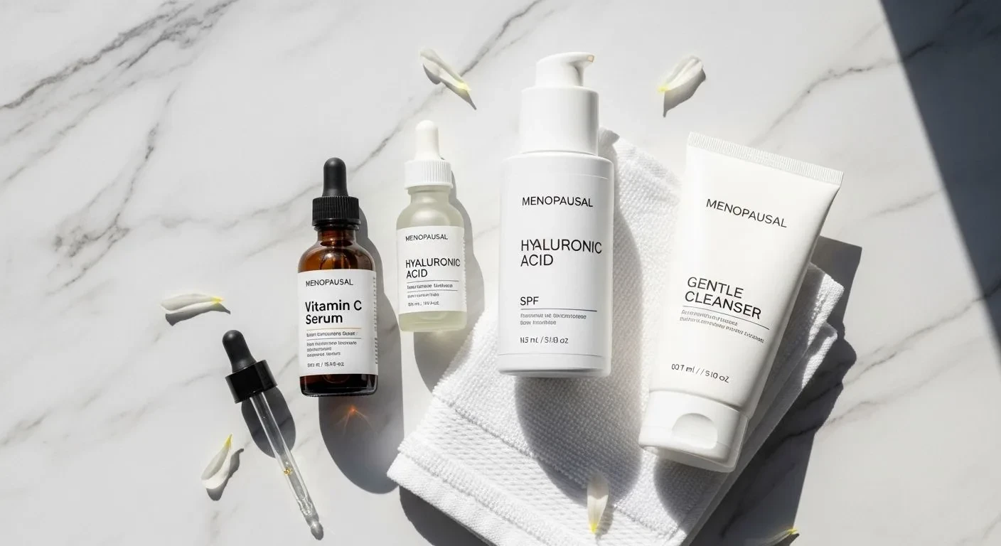 Skincare products recommended for menopausal dry skin including vitamin C serum and hyaluronic acid