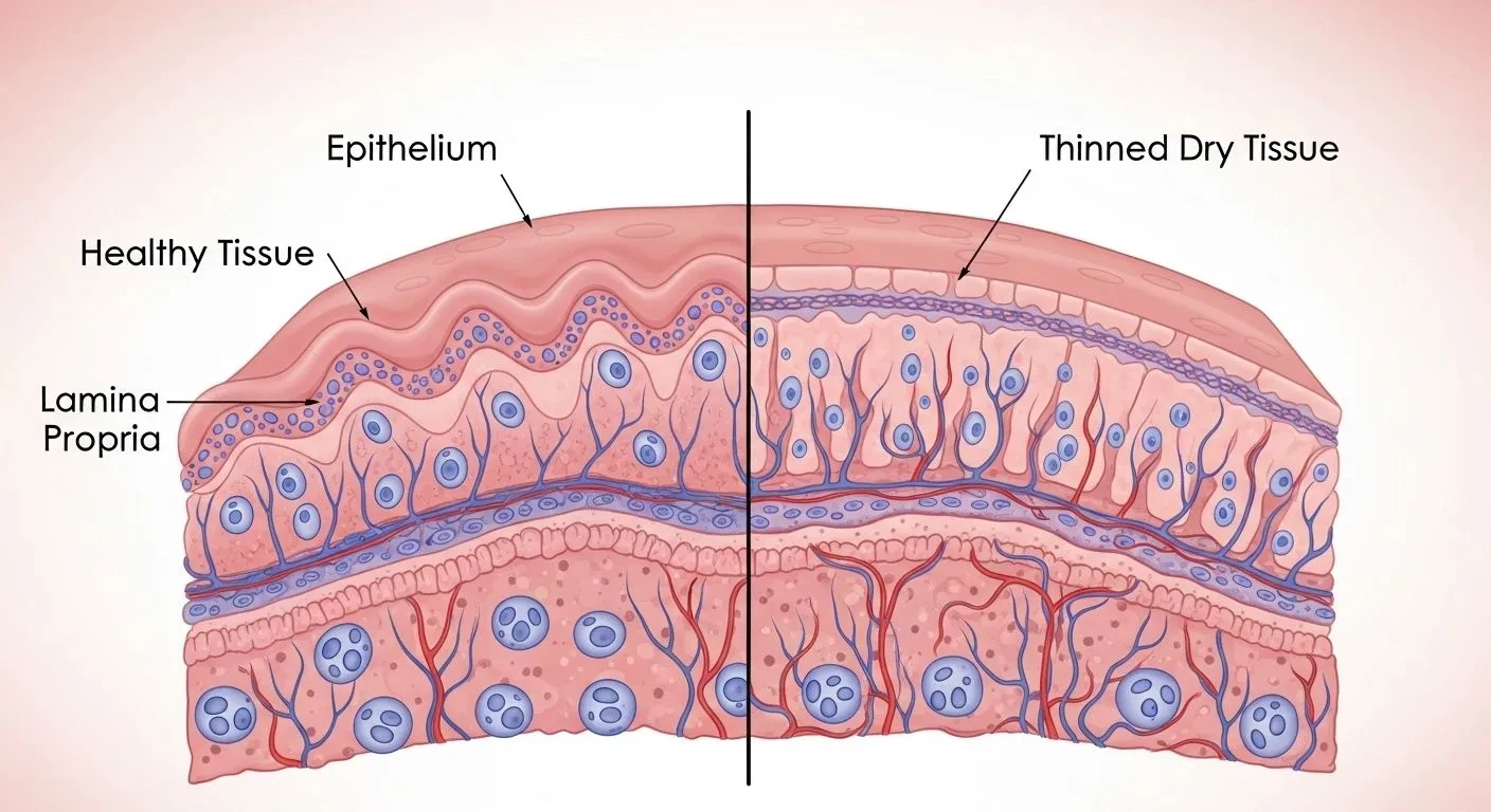 Diagram showing the effect of estrogen loss on vaginal tissue thickness during menopause