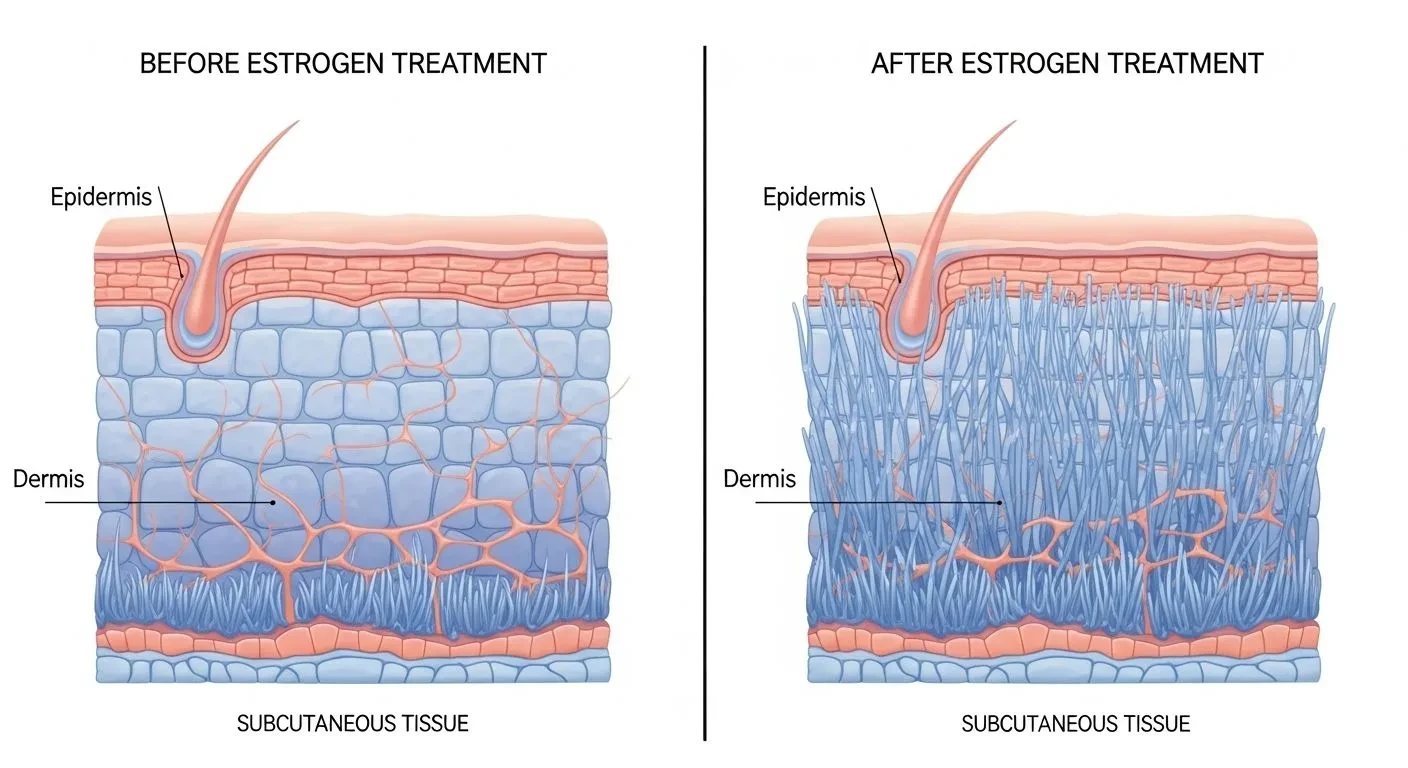 Illustration of facial skin collagen changes with HRT during menopause