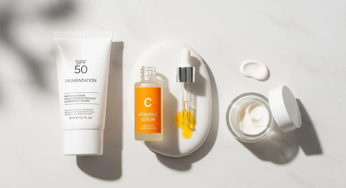 Skincare products for treating menopause melasma and hyperpigmentation including vitamin C and SPF