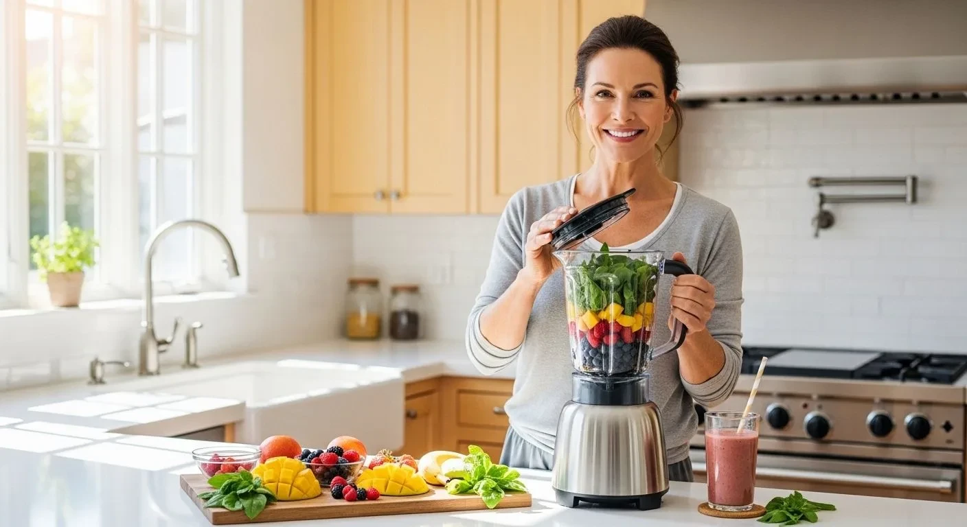 Woman managing menopause weight gain with supplements and healthy lifestyle