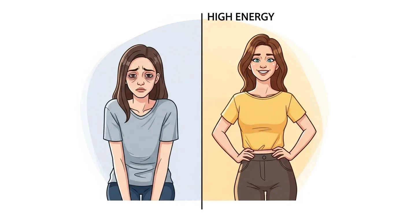 Visual comparison of fatigue caused by low estrogen versus improved energy after hormone support