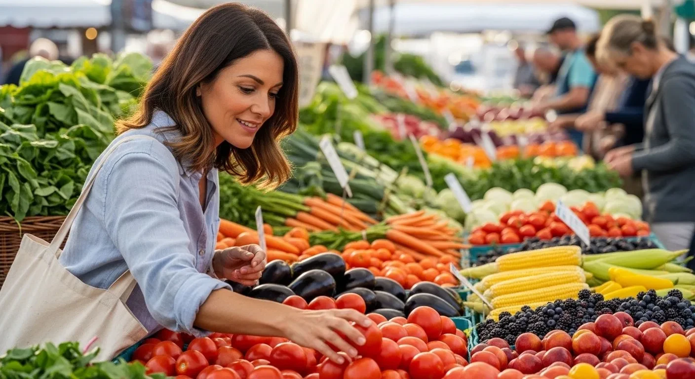 Woman choosing best foods for perimenopause nutrition and weight loss at market