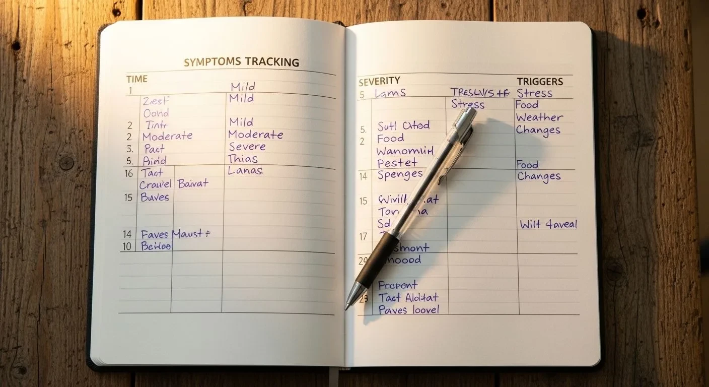 Hot flash symptom journal showing tracking columns for time, severity, and triggers