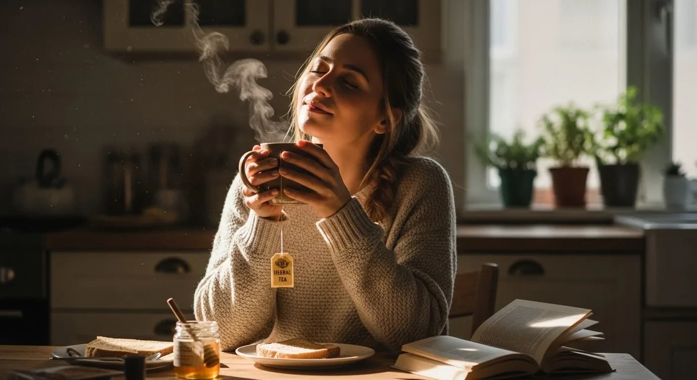 Woman drinking herbal tea to soothe perimenopause sore throat