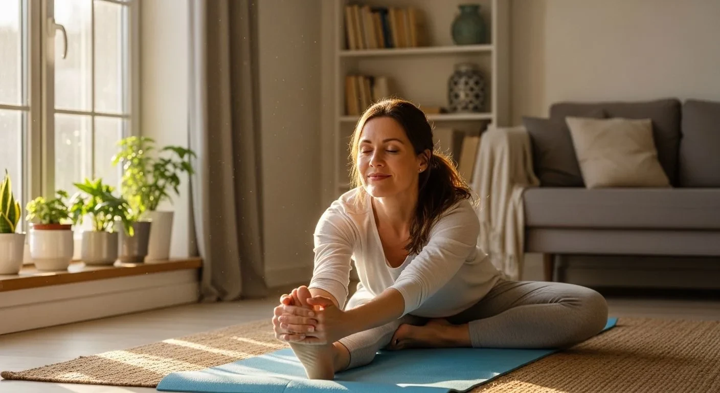 Woman doing gentle movement to ease perimenopause body aches and joint pain