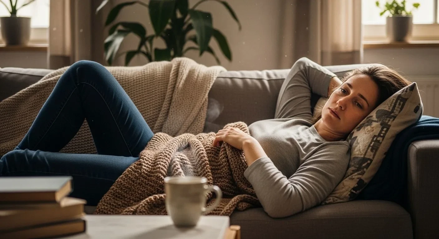 Woman experiencing low oestrogen fatigue that does not improve with sleep