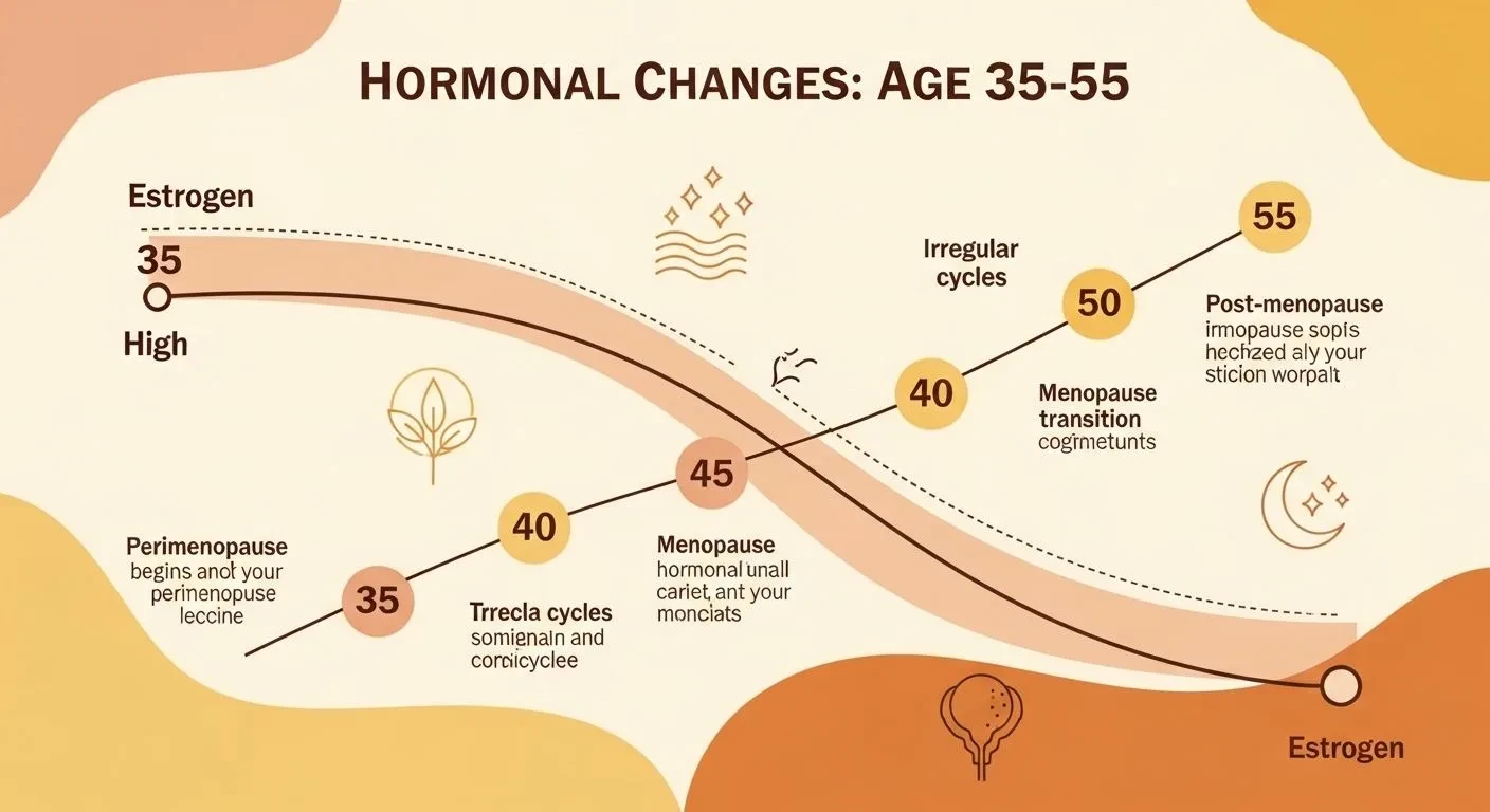 Timeline of oestrogen changes during perimenopause from the mid-30s to menopause