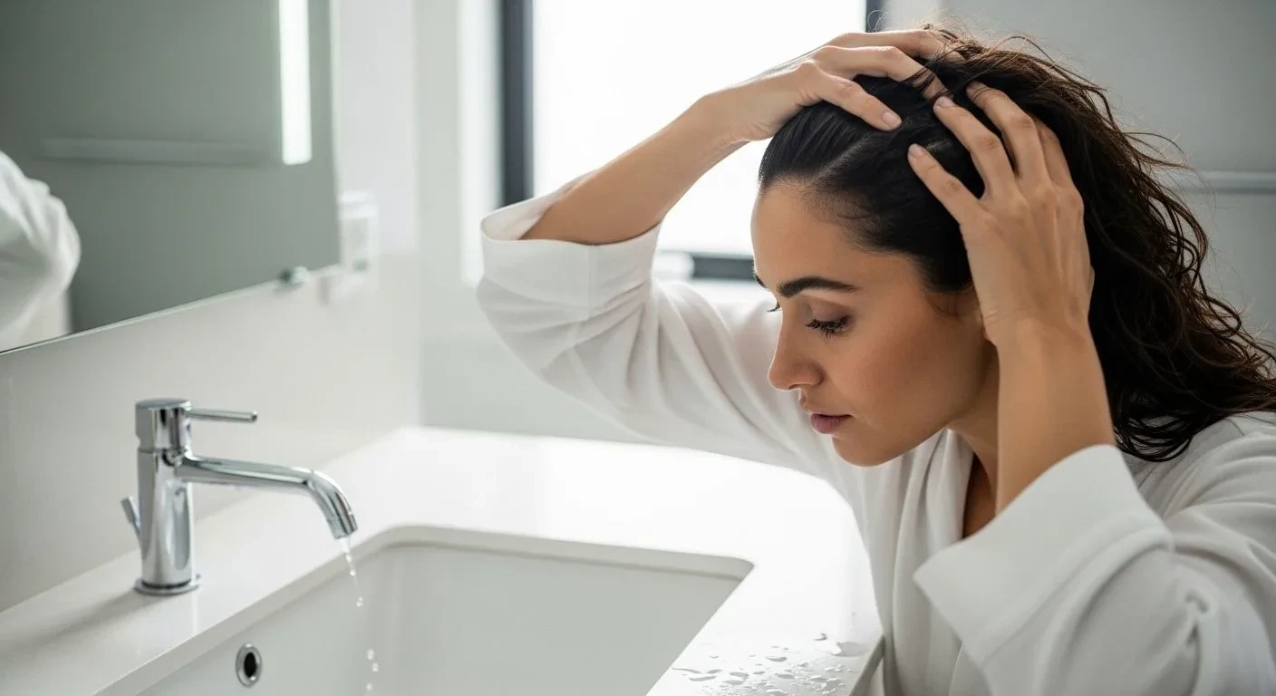 Woman applying scalp-stimulating shampoo for hormonal hair thinning