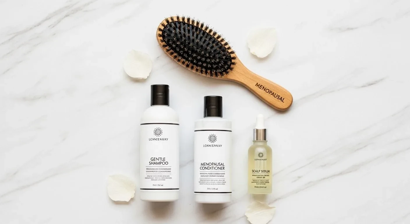 Complete menopausal haircare product lineup including shampoo conditioner and scalp serum
