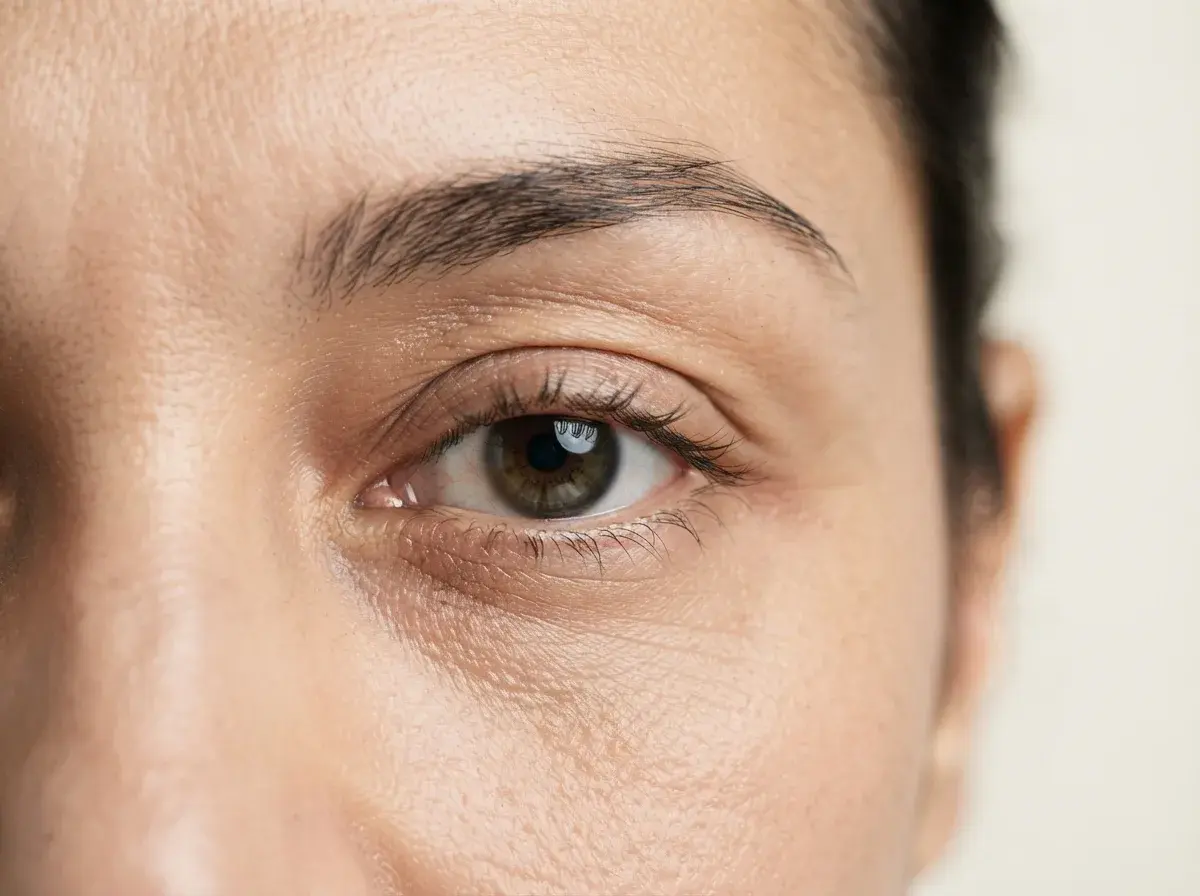 Close-up of a naturally hooded eye showing the fold of skin partially covering the mobile lid