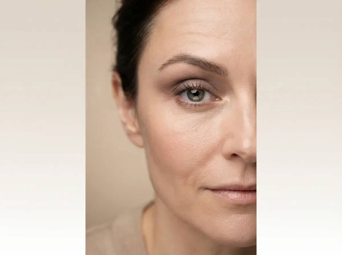 Neutral eyeshadow placed above the natural crease on a hooded eye, viewed with the eye open