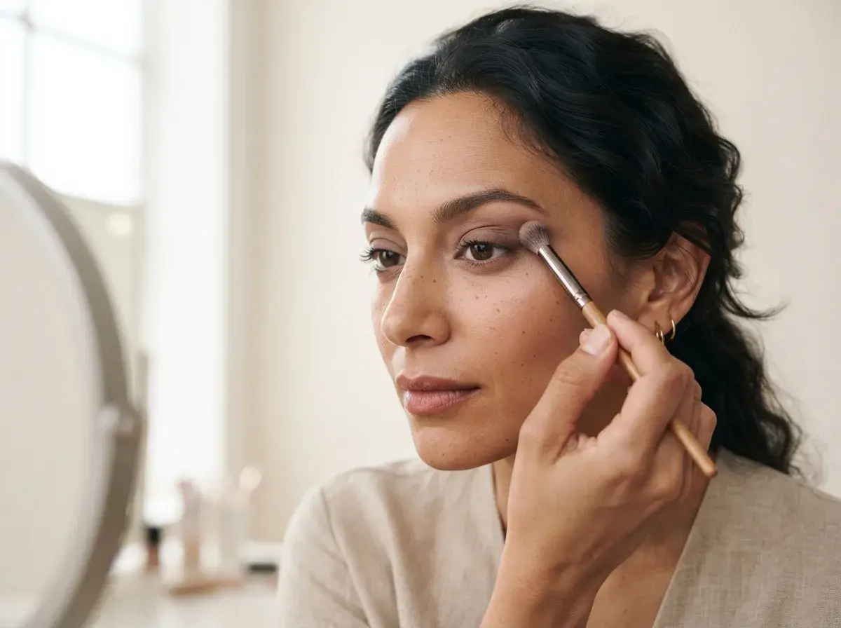 Hands applying neutral eyeshadow with a small brush to a hooded eye during a step-by-step makeup application