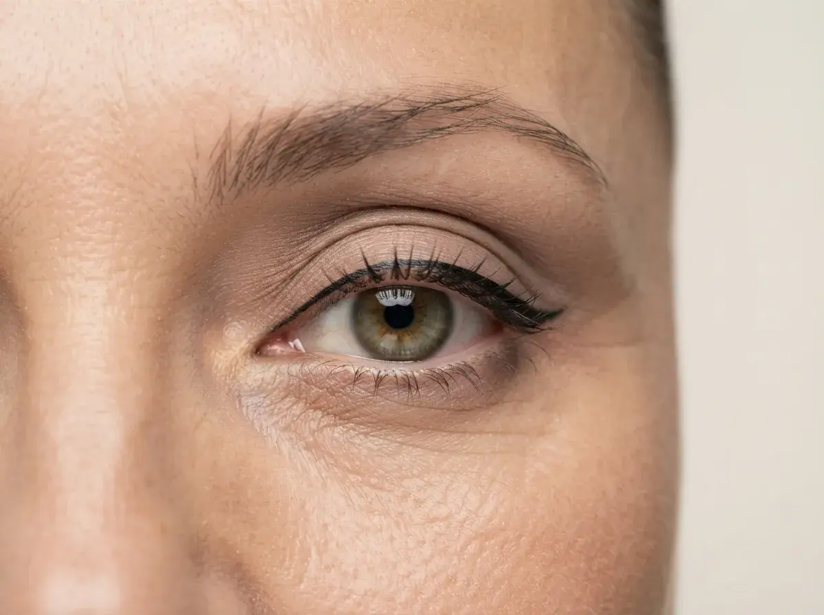 Thin lifted eyeliner along the upper lash line of a hooded eye