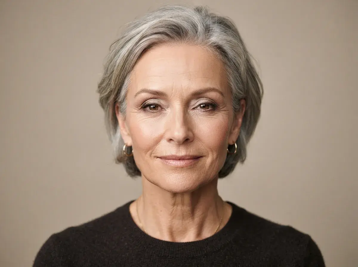 Midlife adult woman with naturally hooded eyes wearing soft, flattering everyday eye makeup