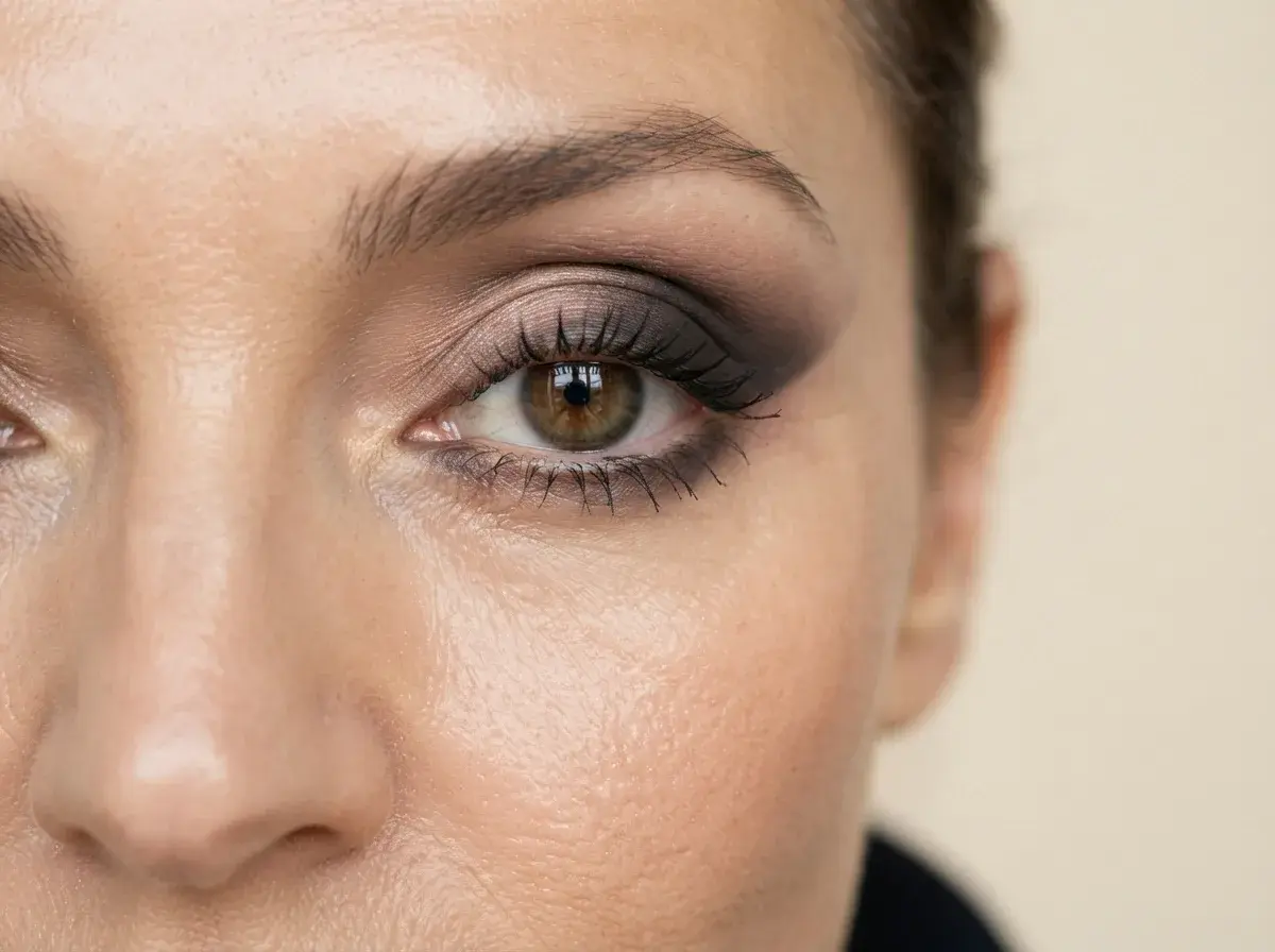 Dense dark eyeshadow packed into the outer corner of a hooded eye