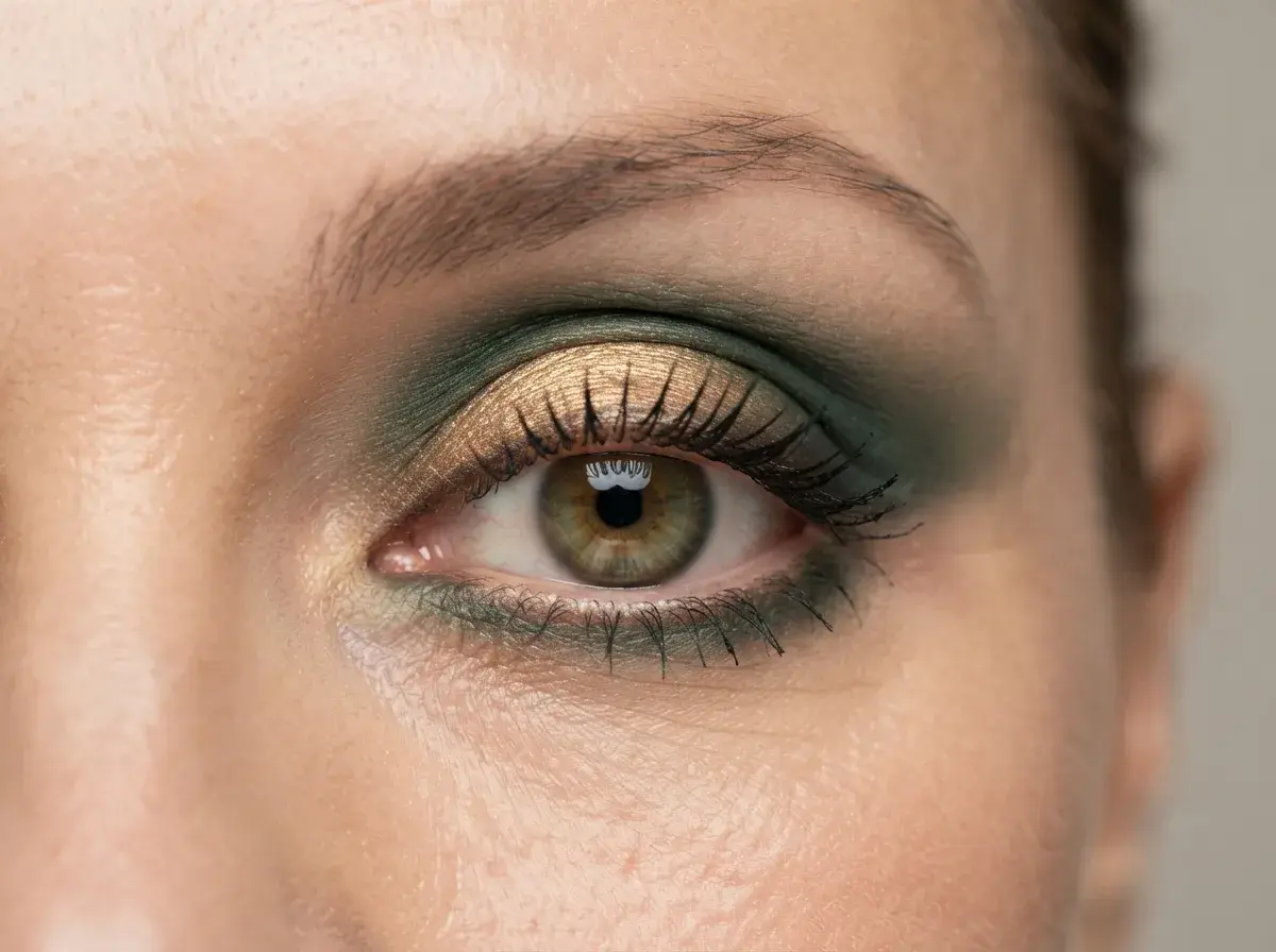 Green smokey eye with darker shade blended into the outer corner and crease
