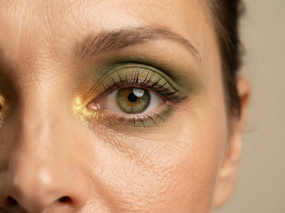Green eyeshadow paired with gold shimmer on the inner corner